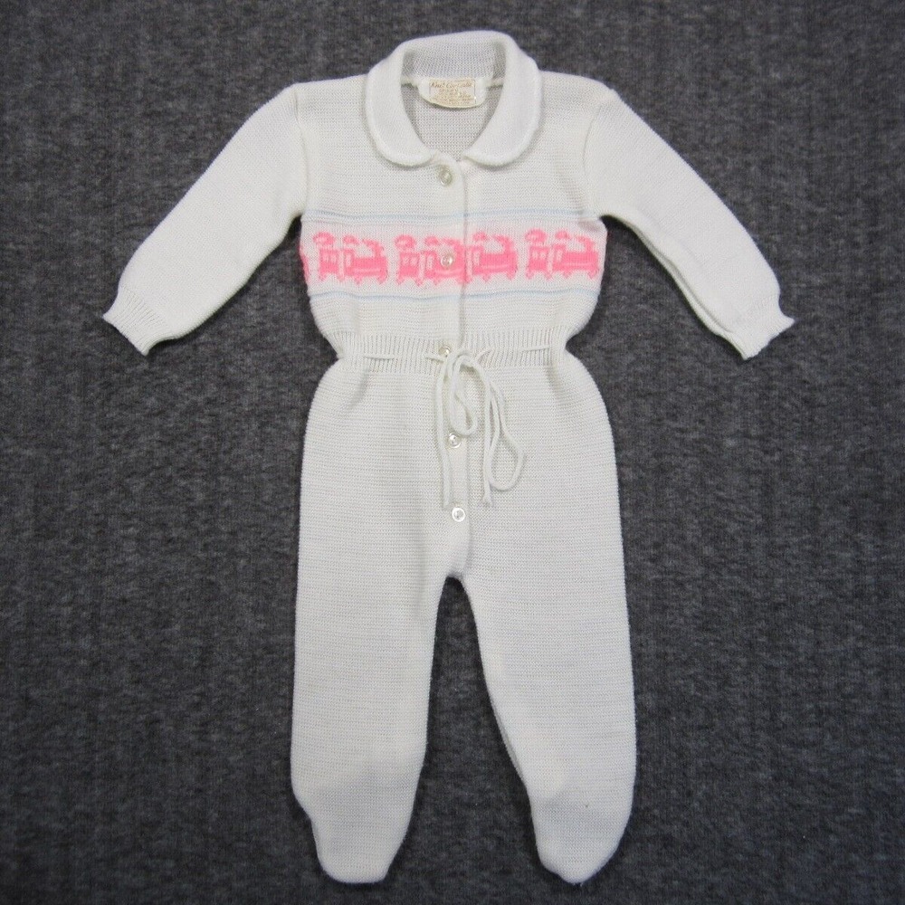 Vtg Coveralls Pajama Baby 9-12M Pink Trains Button Down Hand Knit Made‎ in Japan